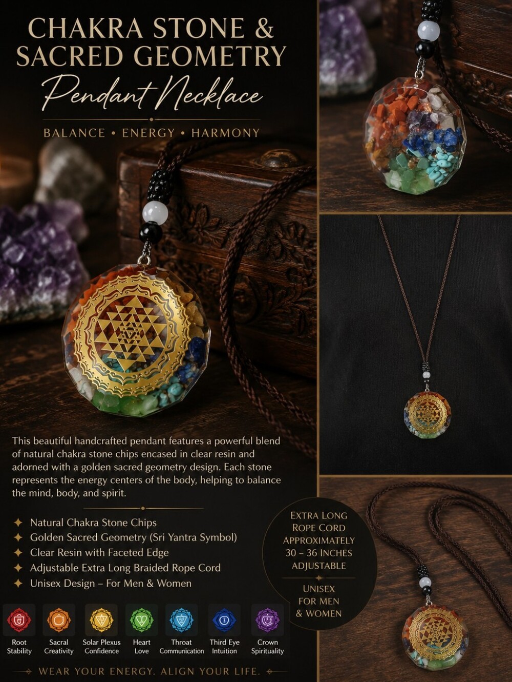 Chakra Stone & Sacred Geometry Pendant Necklace – Multicolor